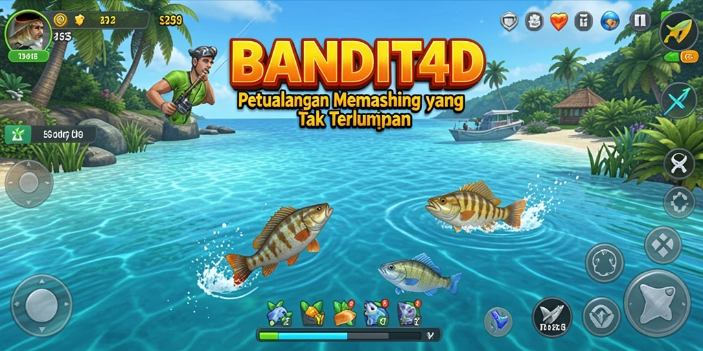 Screenshot gameplay BANDIT4D menunjukkan momen seru memancing di lokasi indah.