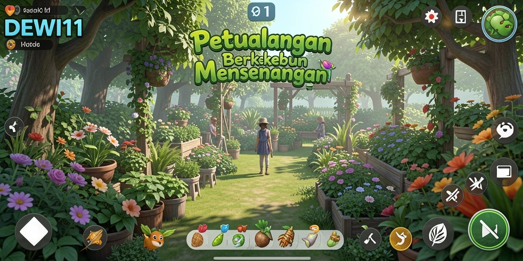 Tampilan menawan gameplay DEWI11 saat berkebun dan merawat hewan.