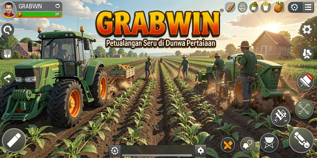 Tampilan gameplay <strong>GRABWIN</strong> yang seru dengan aktivitas bertani.
