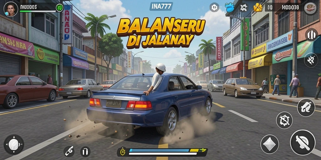 Screenshot gameplay INA777 yang menunjukkan balapan seru di jalanan.