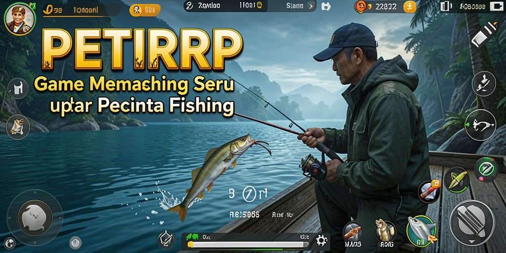 Screenshot PETIRRP menampilkan pemain sedang memancing di lokasi yang indah dan realistis.