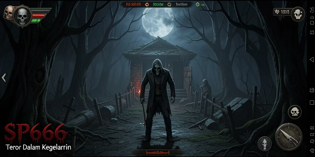 Screenshot gameplay SP666 menampilkan suasana kelam dan teror.