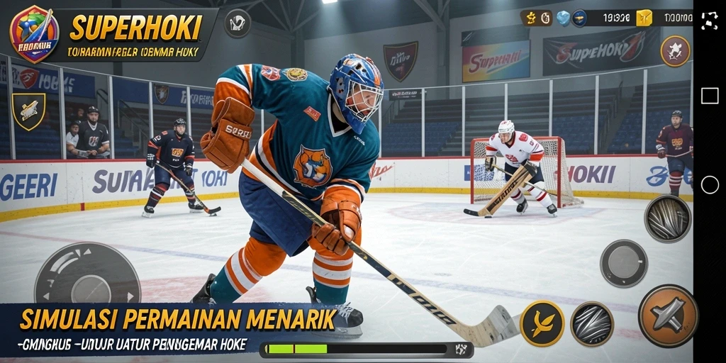 Screenshot gameplay SUPERHOKI menunjukkan aksi hoki yang seru dan mendebarkan.